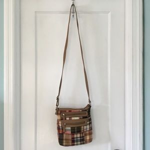 Colorful patchwork plaid crossbody shoulder bag, tan strap, lots of pockets